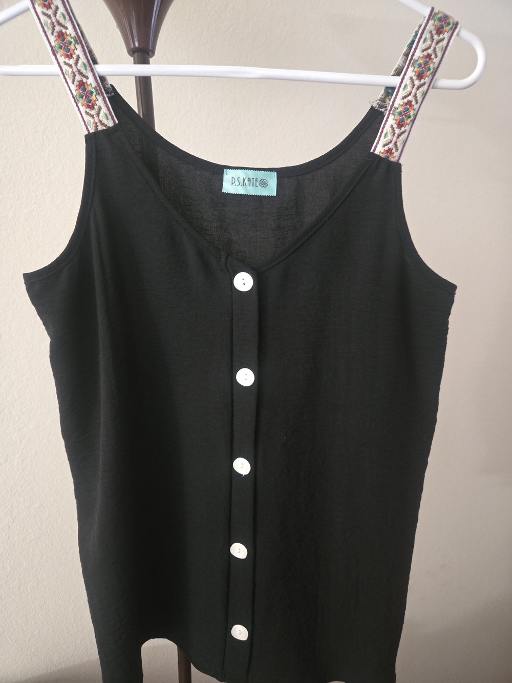 Black Button-Front Tank with Embroidered Straps